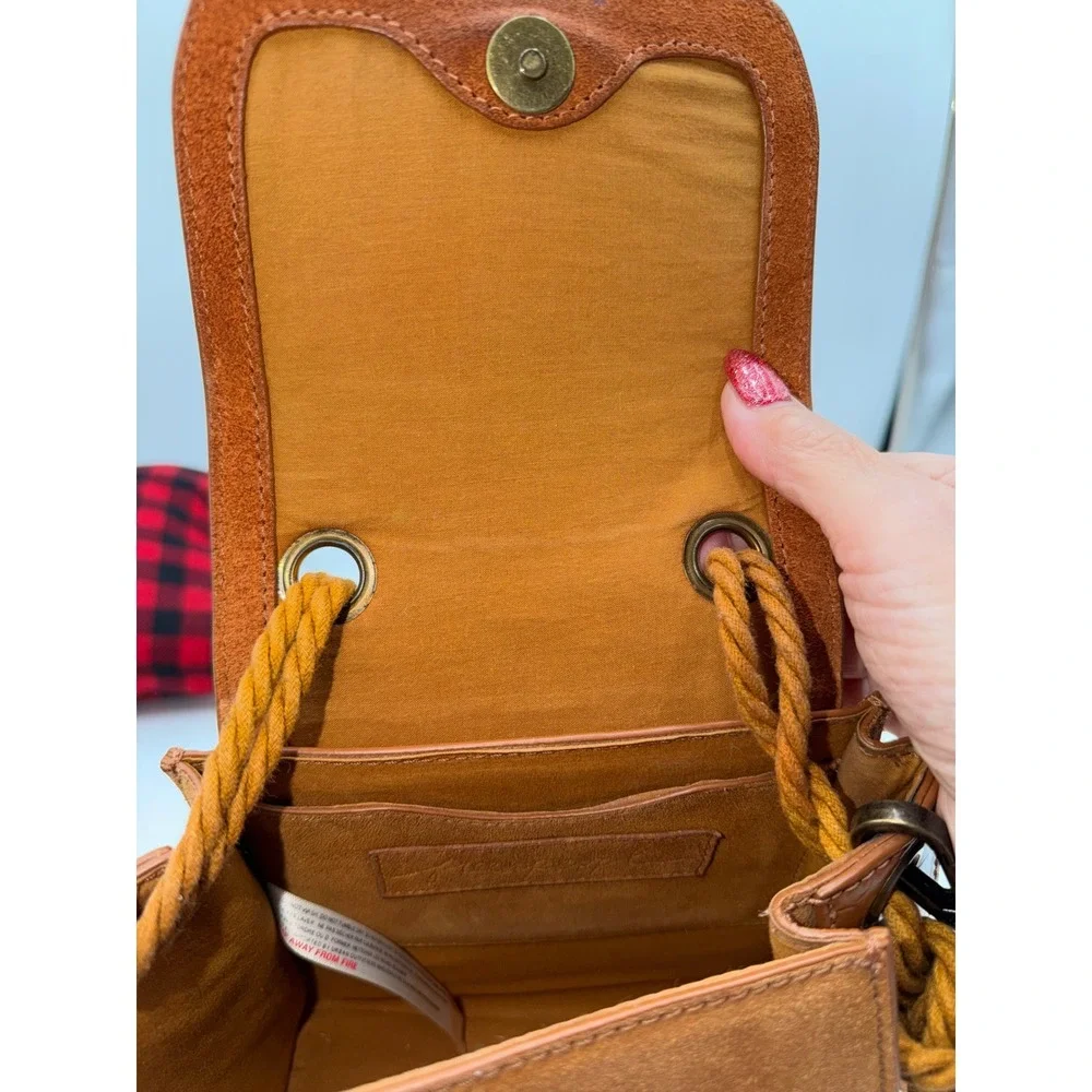 Free People Brown Suede Snakeskin Embossed Leather Crossbody Bag Rope Handle - Picture 9 of 12